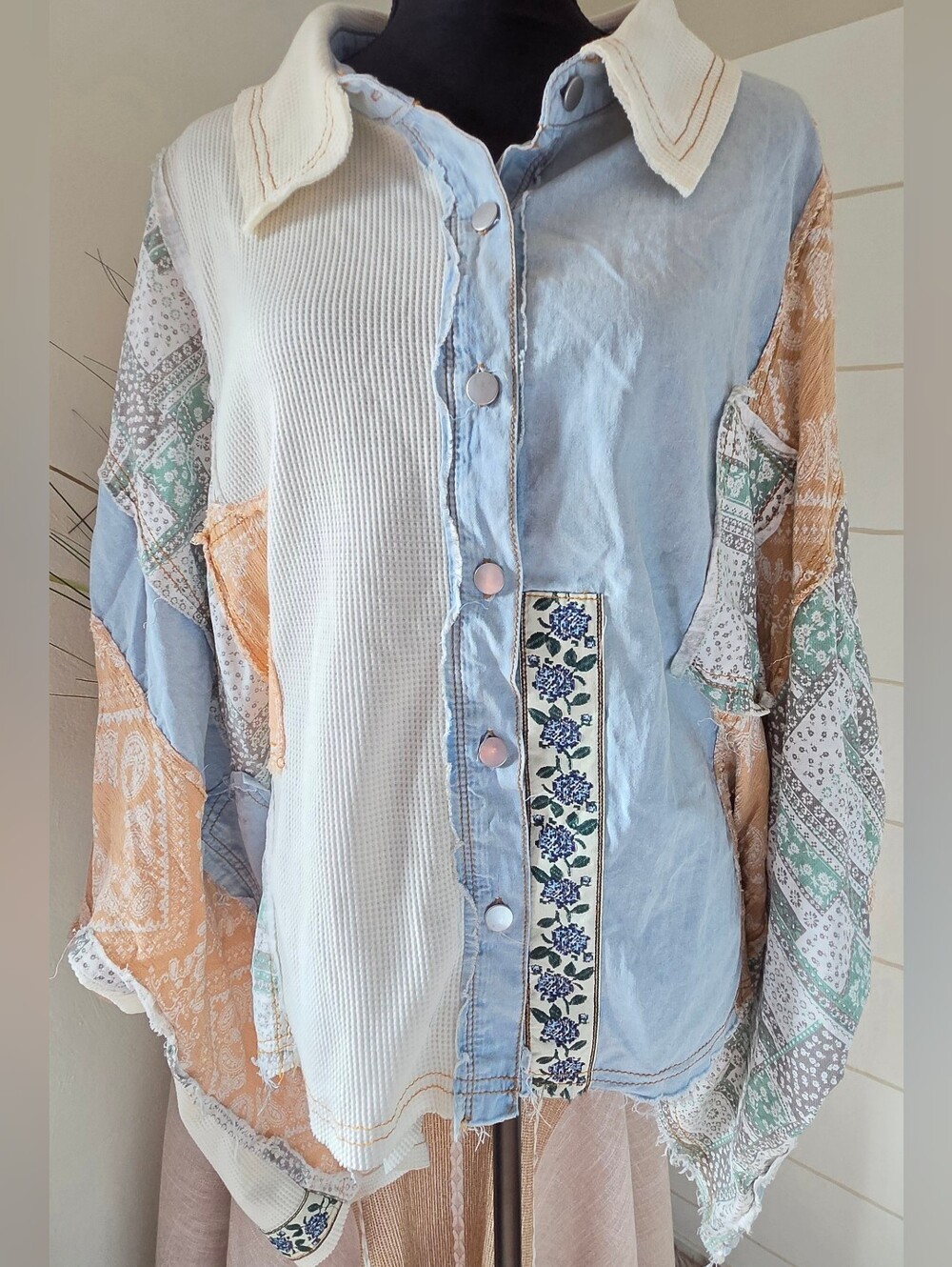 POL Button Top Shacket Patchwork  Thermal Waffle Corduroy Floral Western Boho L